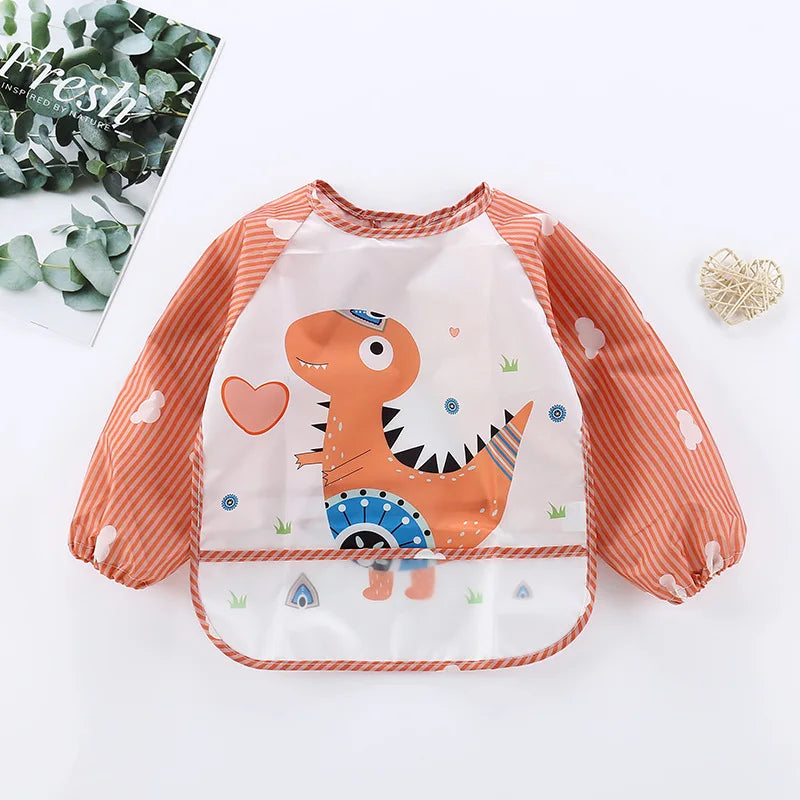 Cartoon Waterproof Baby Bib with Long Sleeves & Pocket