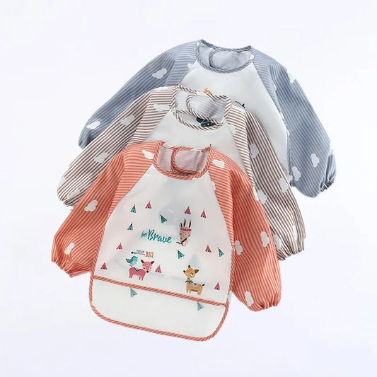 Cartoon Waterproof Baby Bib with Long Sleeves & Pocket