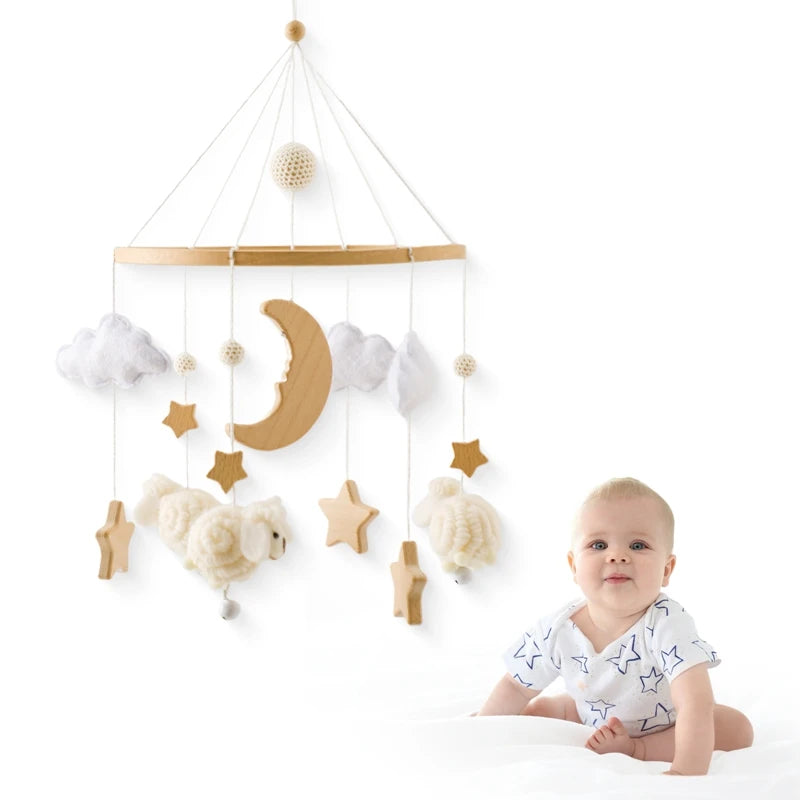 Wooden Baby Crib Mobile with Music Box - Cartoon Sheep & Star Design