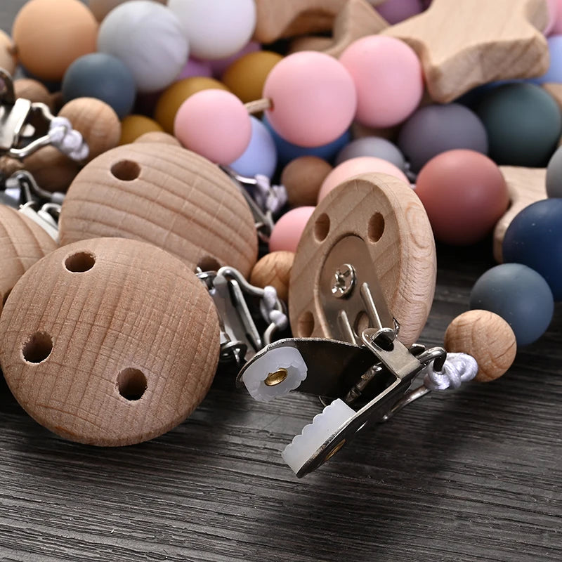 Wooden Pacifier Clip with Silicone Teether Beads - Baby Soother Chain