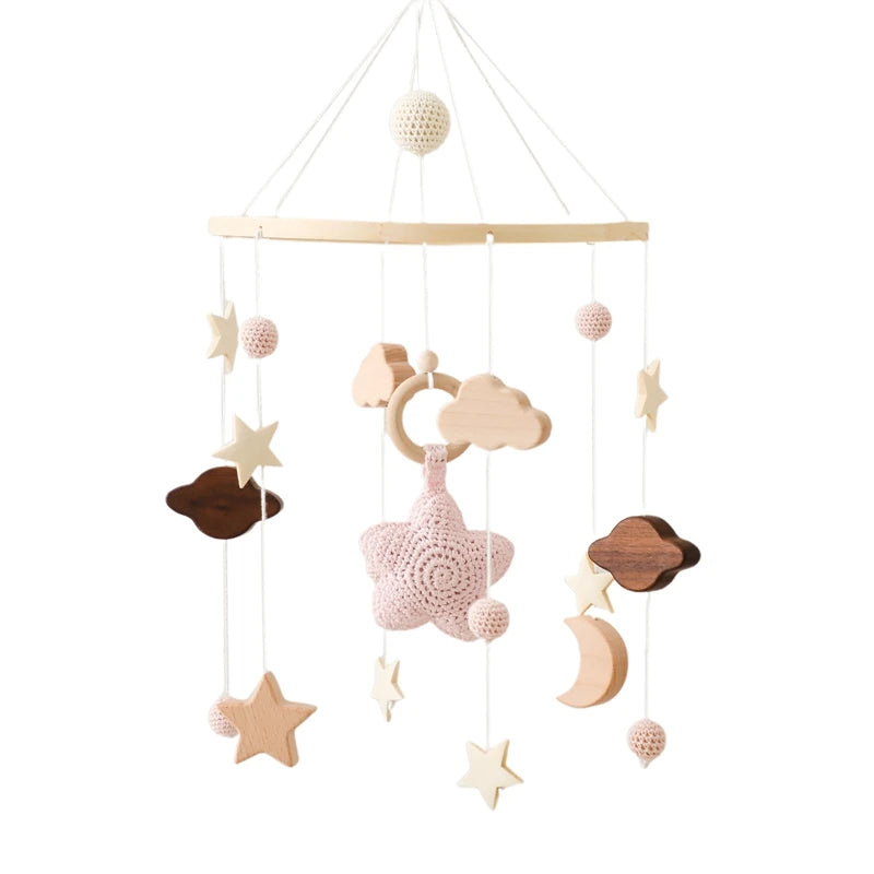 Wooden Baby Crib Mobile with Music Box - Cartoon Sheep & Star Design