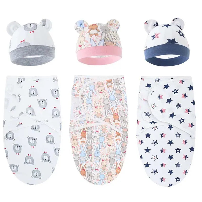 Cartoon Cotton Newborn Swaddle & Hat Set