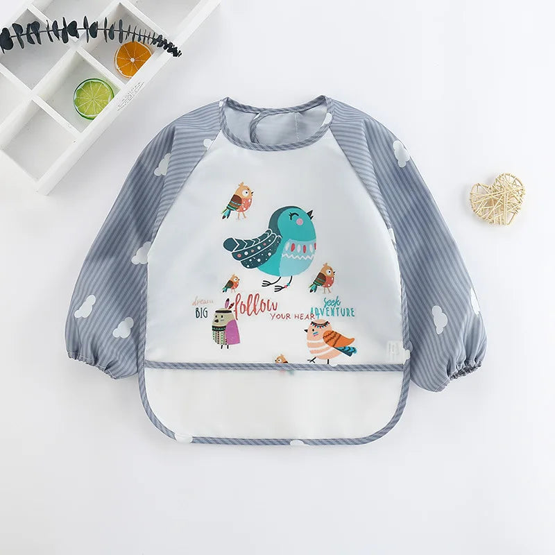 Cartoon Waterproof Baby Bib with Long Sleeves & Pocket