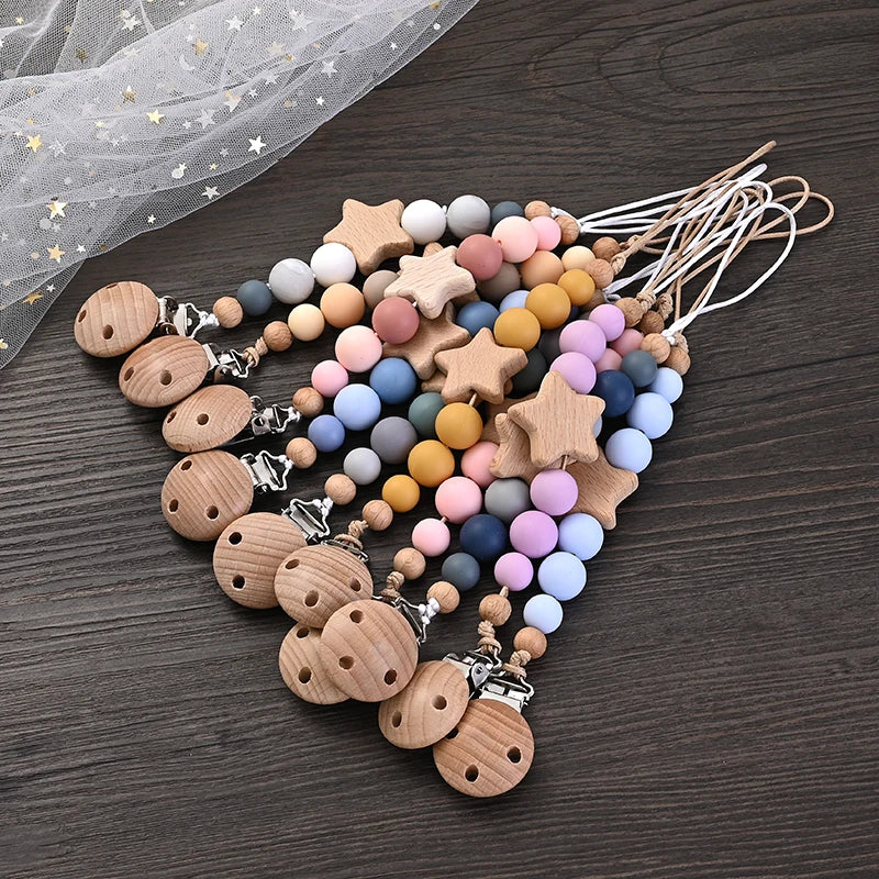 Wooden Pacifier Clip with Silicone Teether Beads - Baby Soother Chain