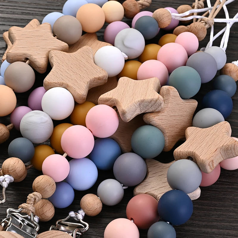 Wooden Pacifier Clip with Silicone Teether Beads - Baby Soother Chain