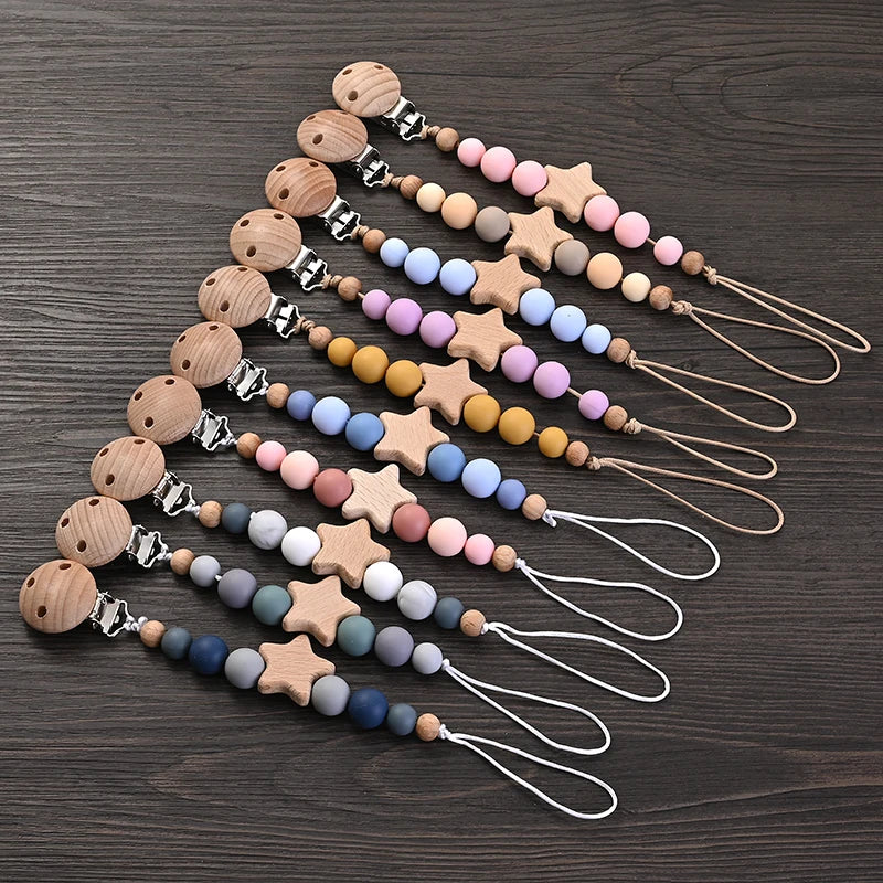 Wooden Pacifier Clip with Silicone Teether Beads - Baby Soother Chain