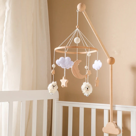 Wooden Baby Crib Mobile with Music Box - Cartoon Sheep & Star Design