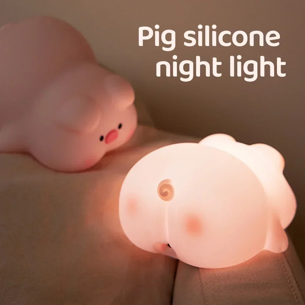 Cute Pink Piggy LED Silicone Night Lamp - USB Rechargeable